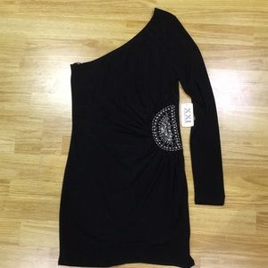NWT One Shoulder Black Party Dress, Sz L